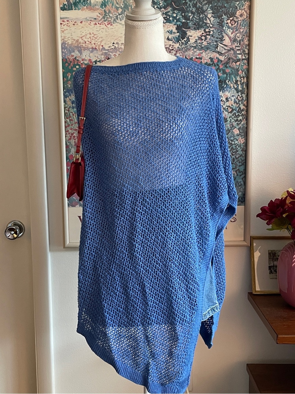 J Jill Poncho Small Blue Open Knit Cotton Linen Crochet Boho Cottagecore Coastal